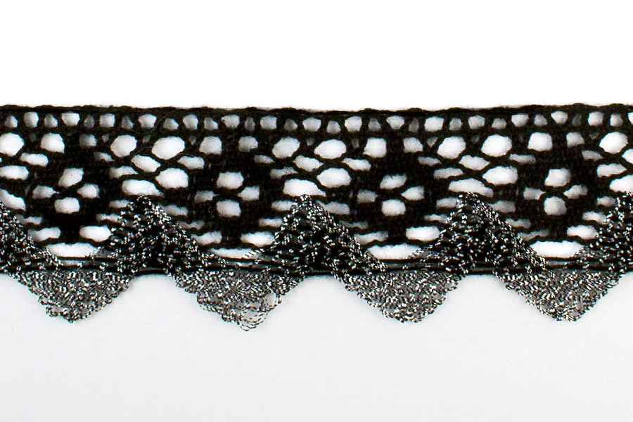 1 3/8" Metallic Silver & Black Crochet Lace (Made in England)