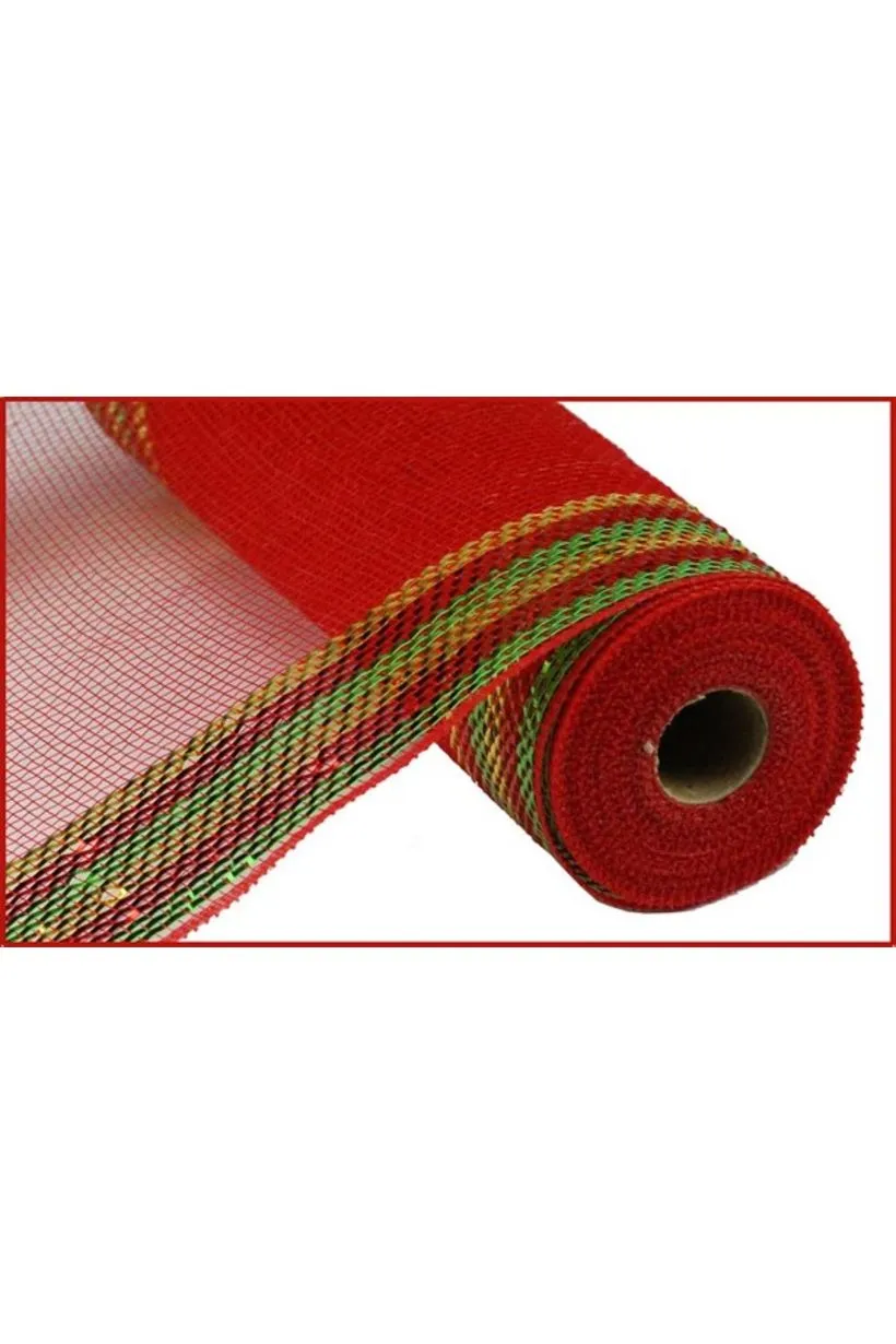 10.5" Border Stripe Metallic Mesh Ribbon: Red/Lime/Gold (10 Yards)