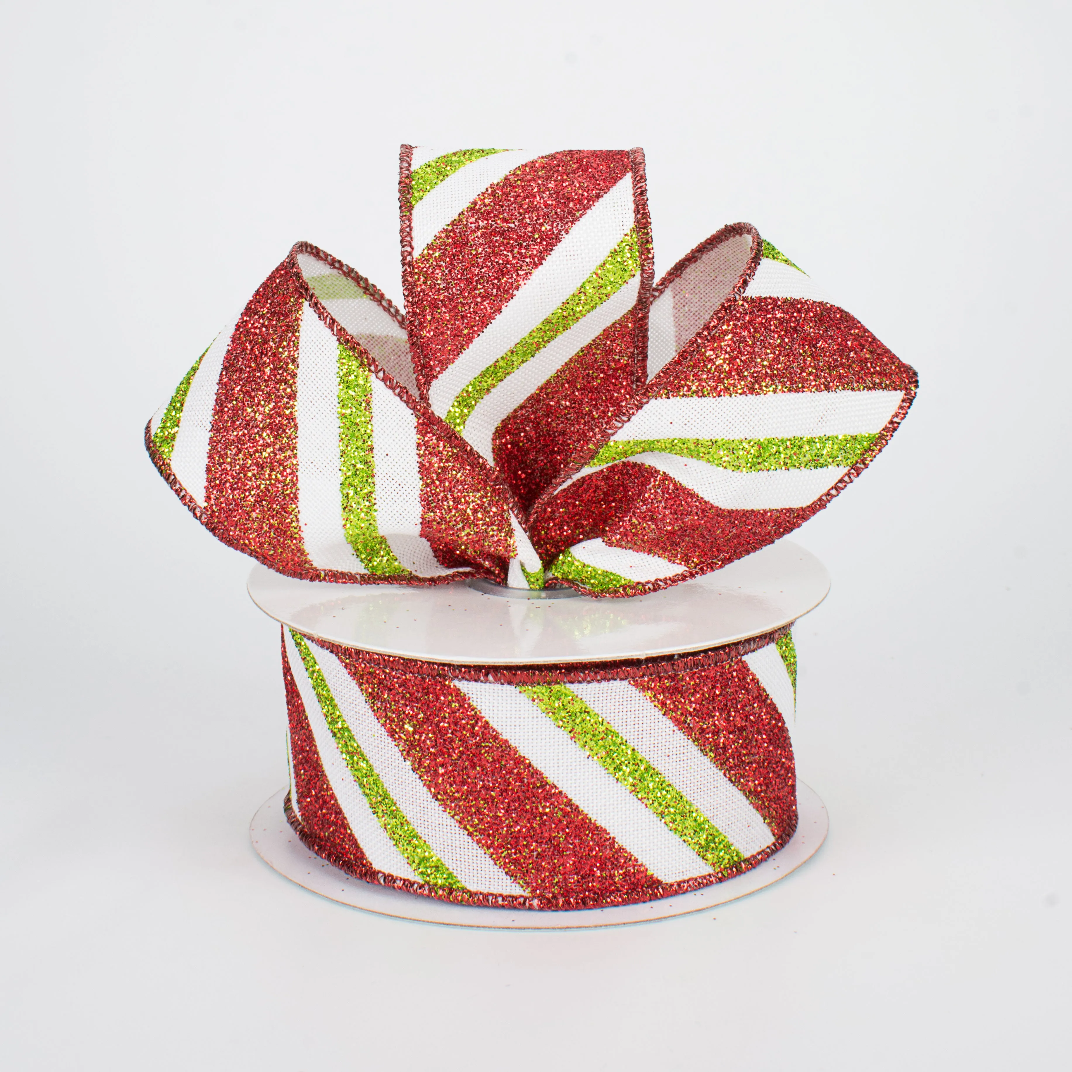 1.5" Diagonal Glitter Stripe Ribbon: Lime & Red (10 Yards)