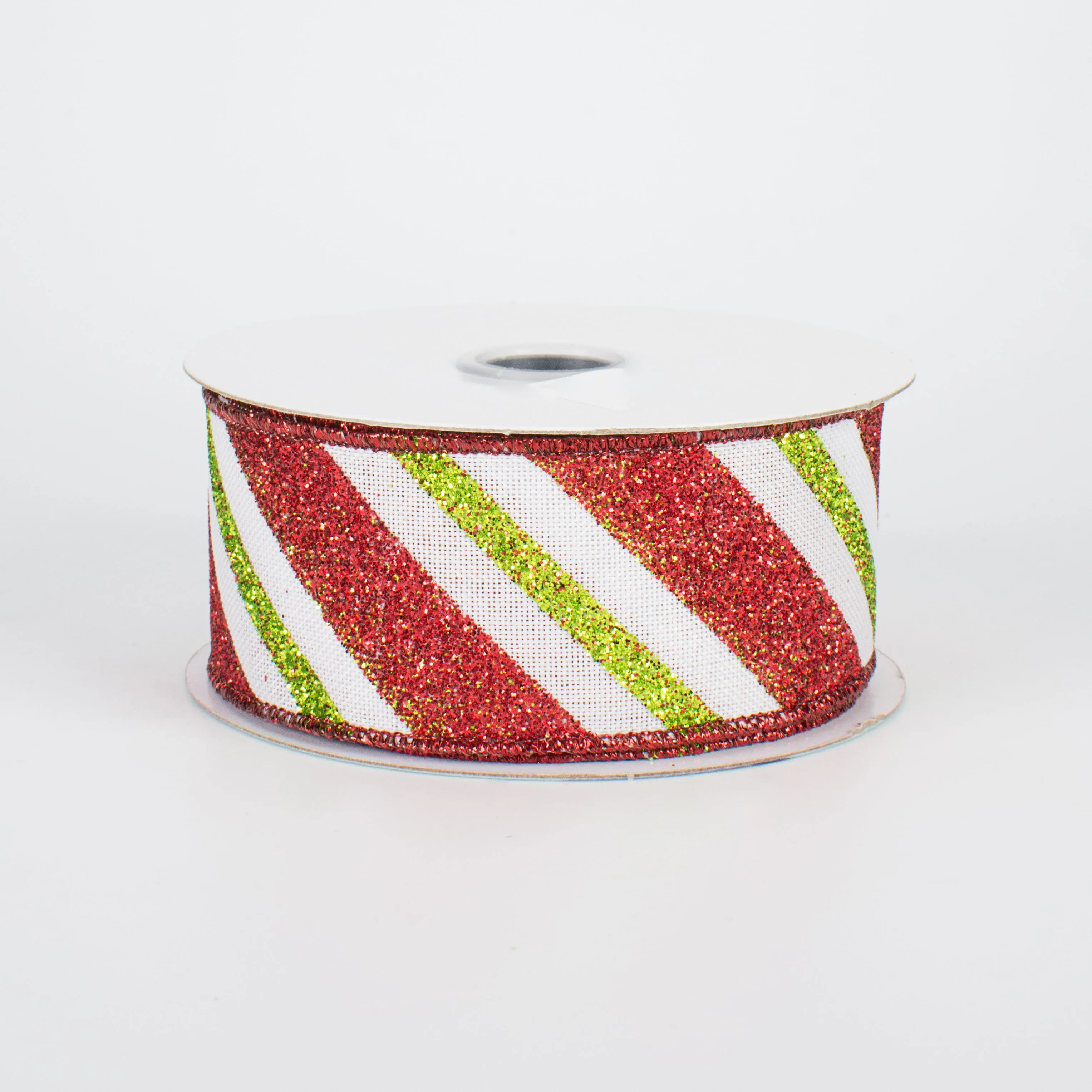 1.5" Diagonal Glitter Stripe Ribbon: Lime & Red (10 Yards)