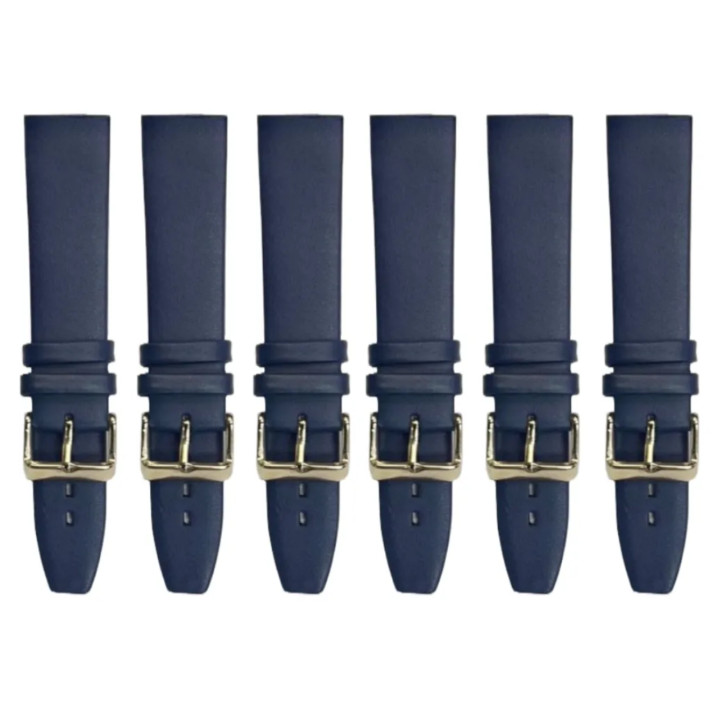 6PCS Dark Blue Leather Flat Plain Unstitched Watch Band Sizes 18MM-24MM