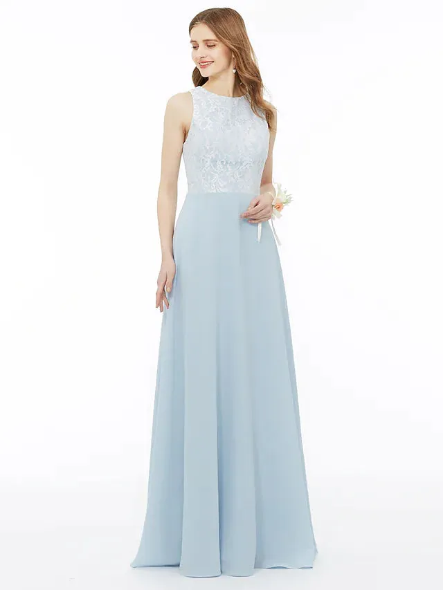 A-Line Bridesmaid Dress Jewel Neck Sleeveless Floor Length Chiffon   Metallic Lace with Pleats  Draping  Appliques