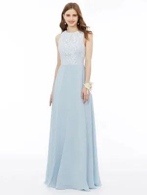 A-Line Bridesmaid Dress Jewel Neck Sleeveless Floor Length Chiffon   Metallic Lace with Pleats  Draping  Appliques