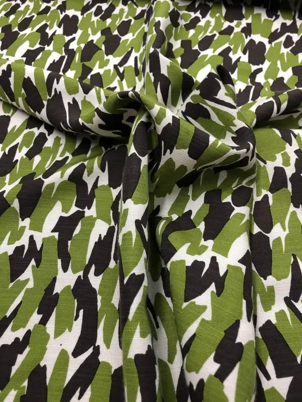 Abstract Graphic Light-Faille Printed Cotton Silk Blend - Olive Green / Brown / Off-White