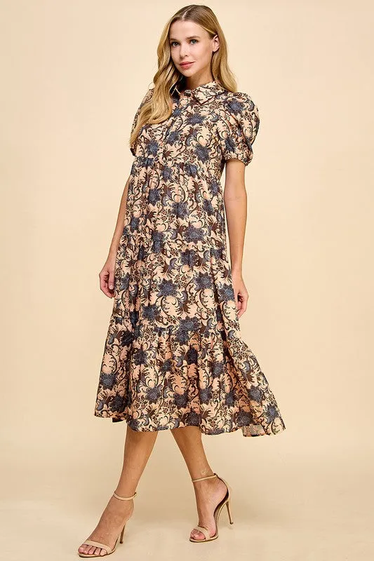 Abstract Printed Collared Midi Dress