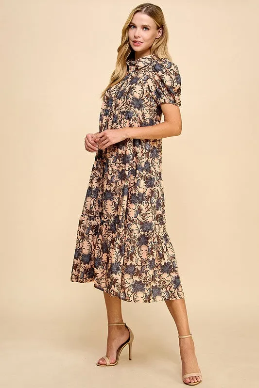 Abstract Printed Collared Midi Dress