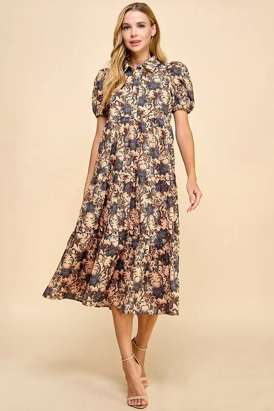 Abstract Printed Collared Midi Dress