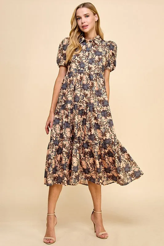 Abstract Printed Collared Midi Dress