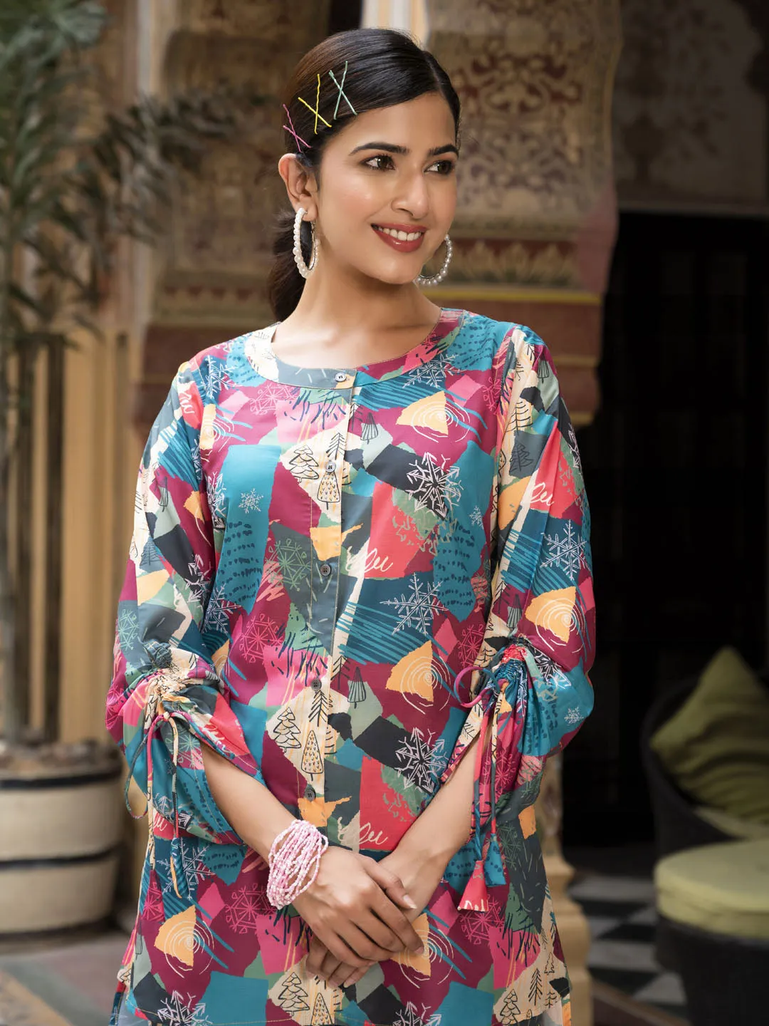 Abstract Printed Muslin Kurti With Pants