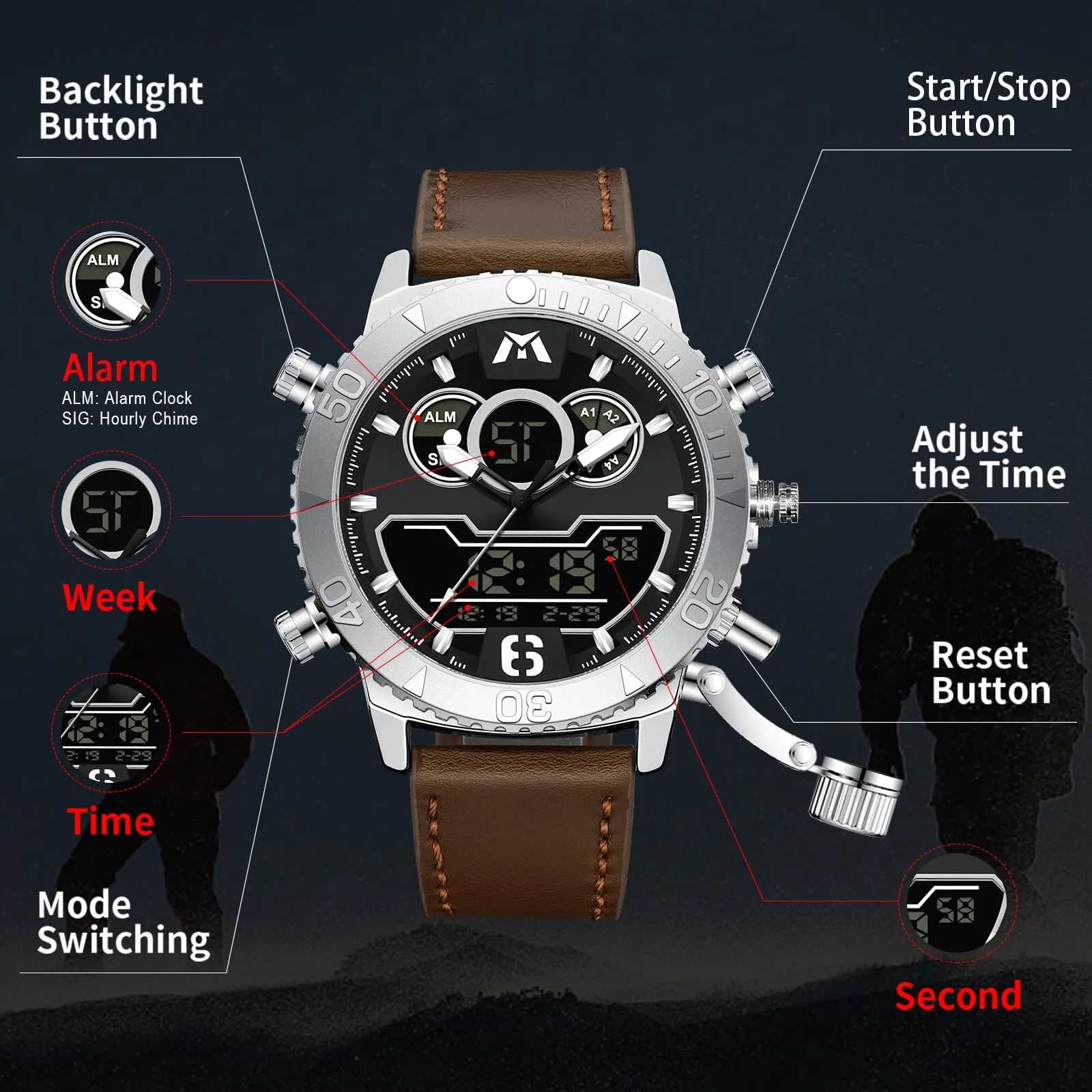 Analog Digital Watch | Leather Band | 8269M