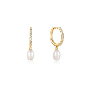 Ania Haie 14kt Gold Pearl Drop and White Sapphire Huggie Hoop Earrings