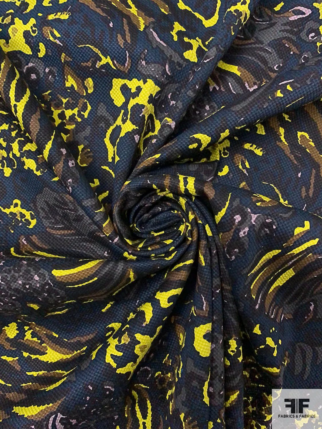 Animal Pattern Inspired Printed Stretch Cotton Pique - Navy / Chartreuse / Brown / Black