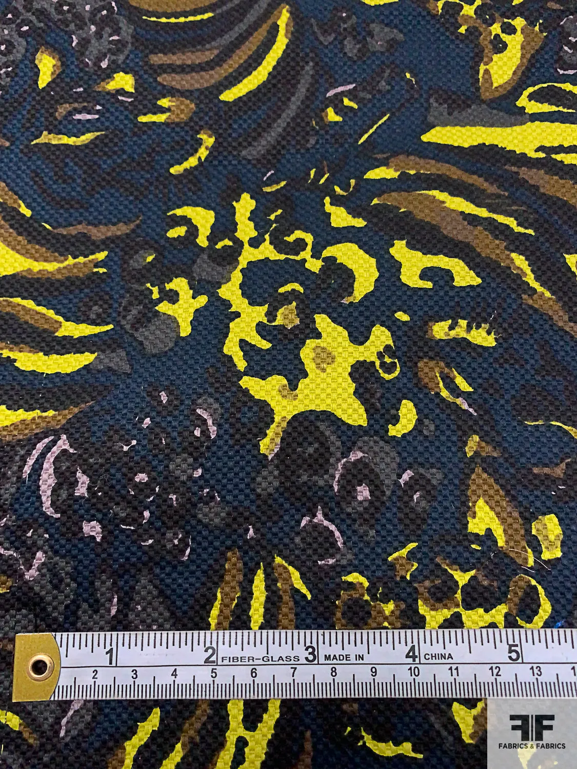 Animal Pattern Inspired Printed Stretch Cotton Pique - Navy / Chartreuse / Brown / Black