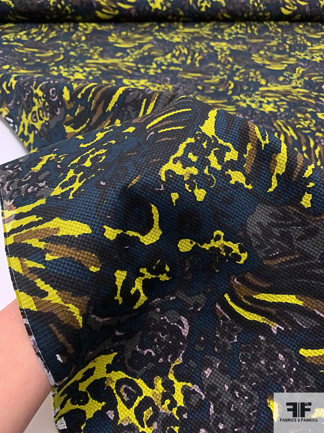 Animal Pattern Inspired Printed Stretch Cotton Pique - Navy / Chartreuse / Brown / Black