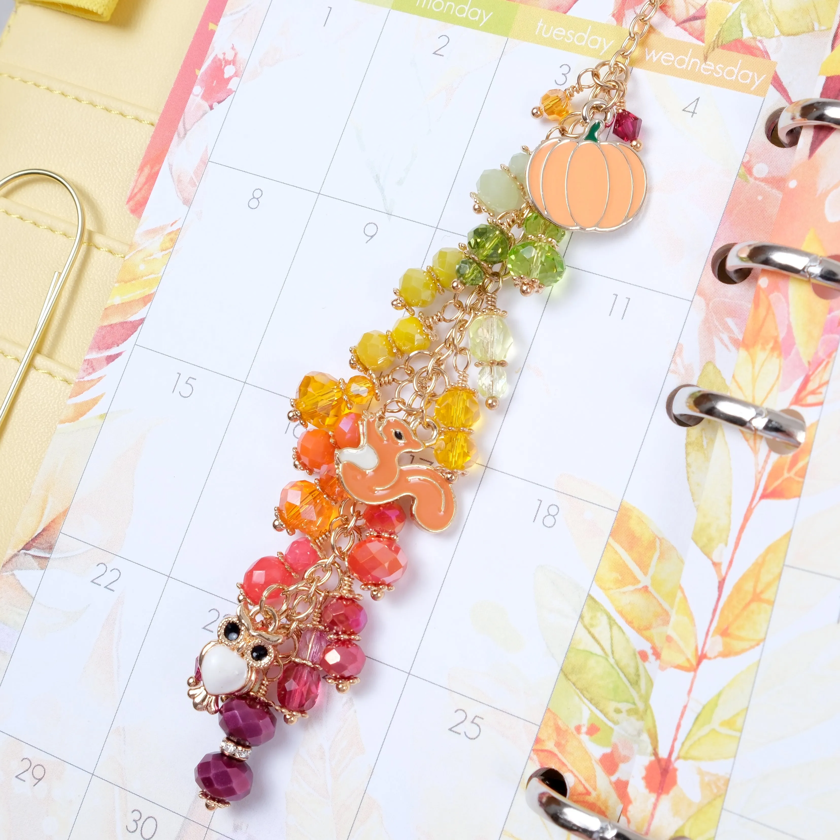 Autumn Whispers Dangle Planner Charm with Pumpkin, Squirrel and Owl Charms in Gold