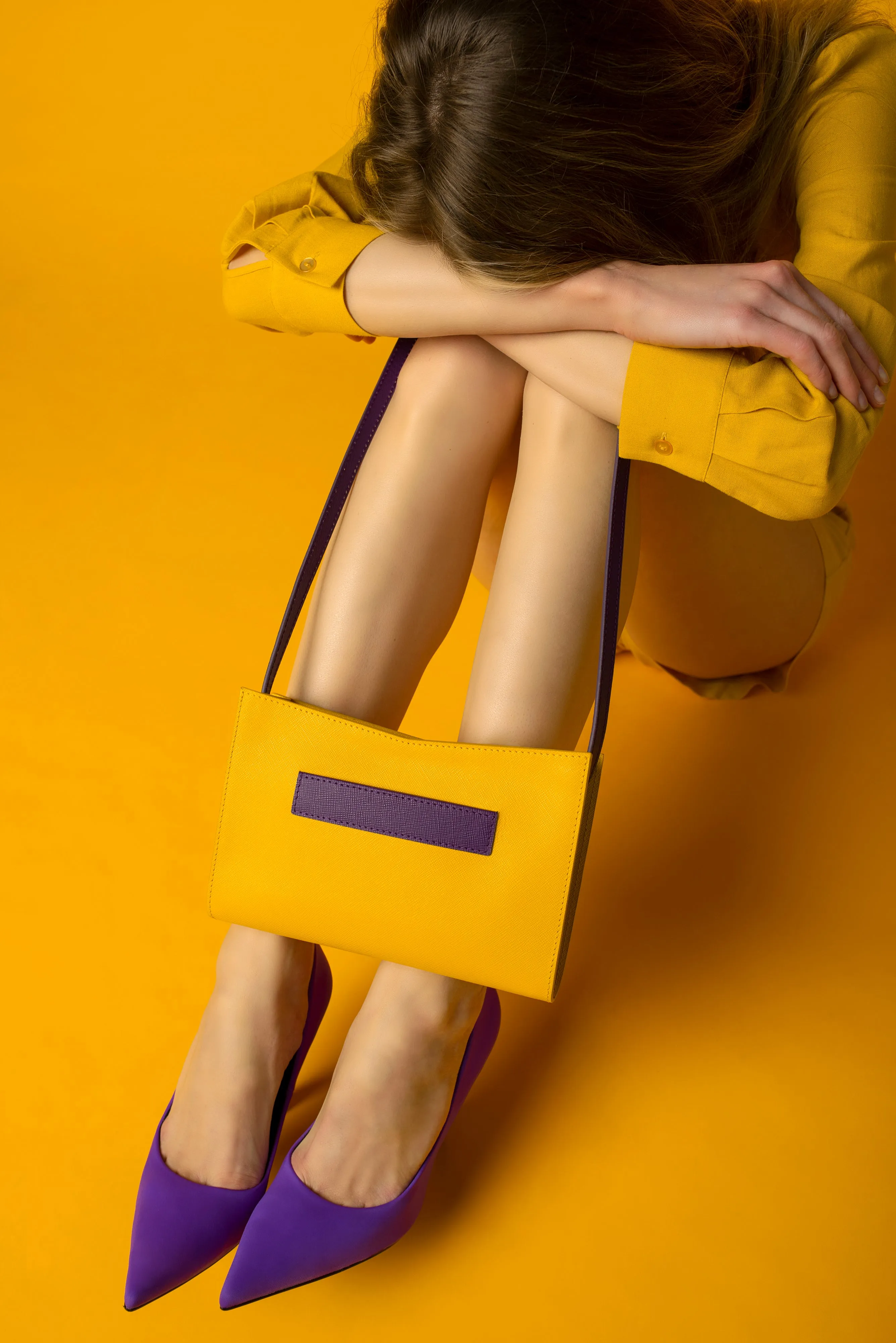 Barb Yellow Purple Dual Color Leather Hand Bag with Removable Shoulder Handle