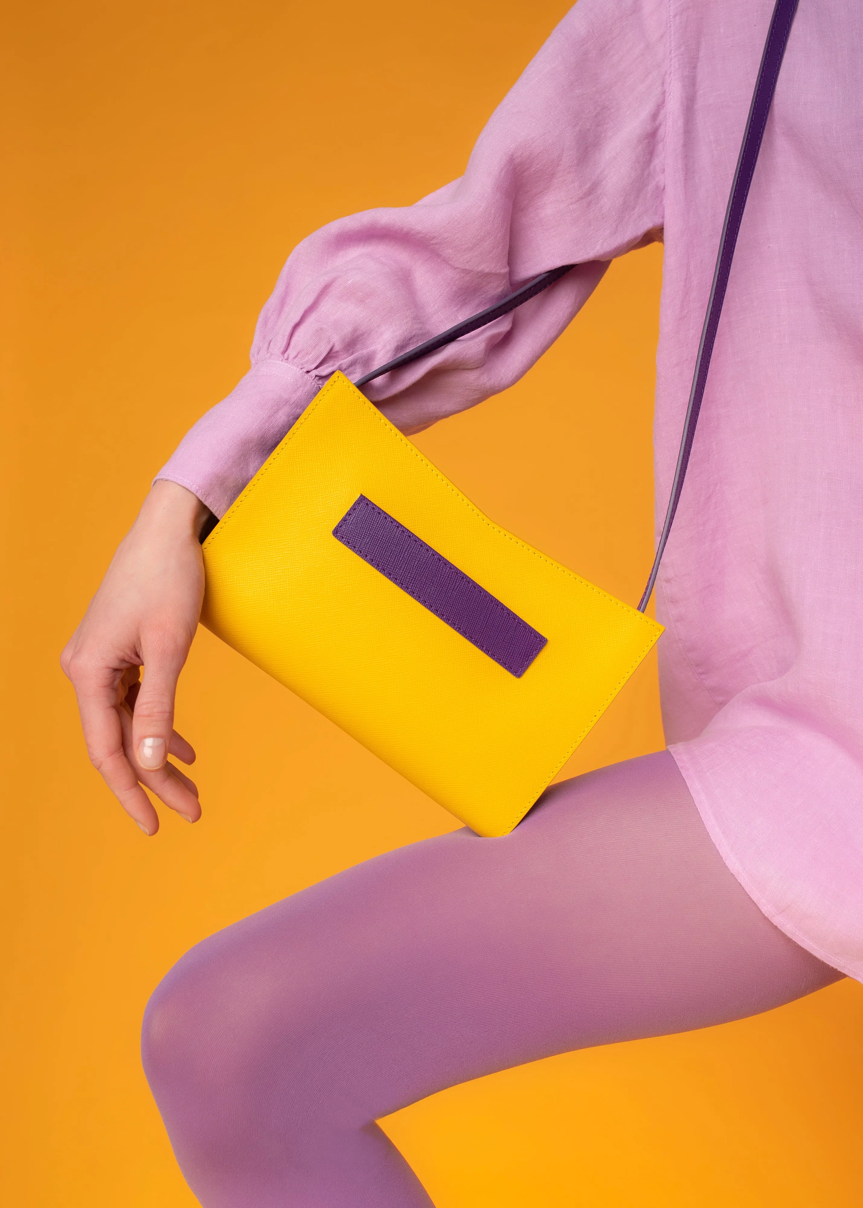 Barb Yellow Purple Dual Color Leather Hand Bag with Removable Shoulder Handle