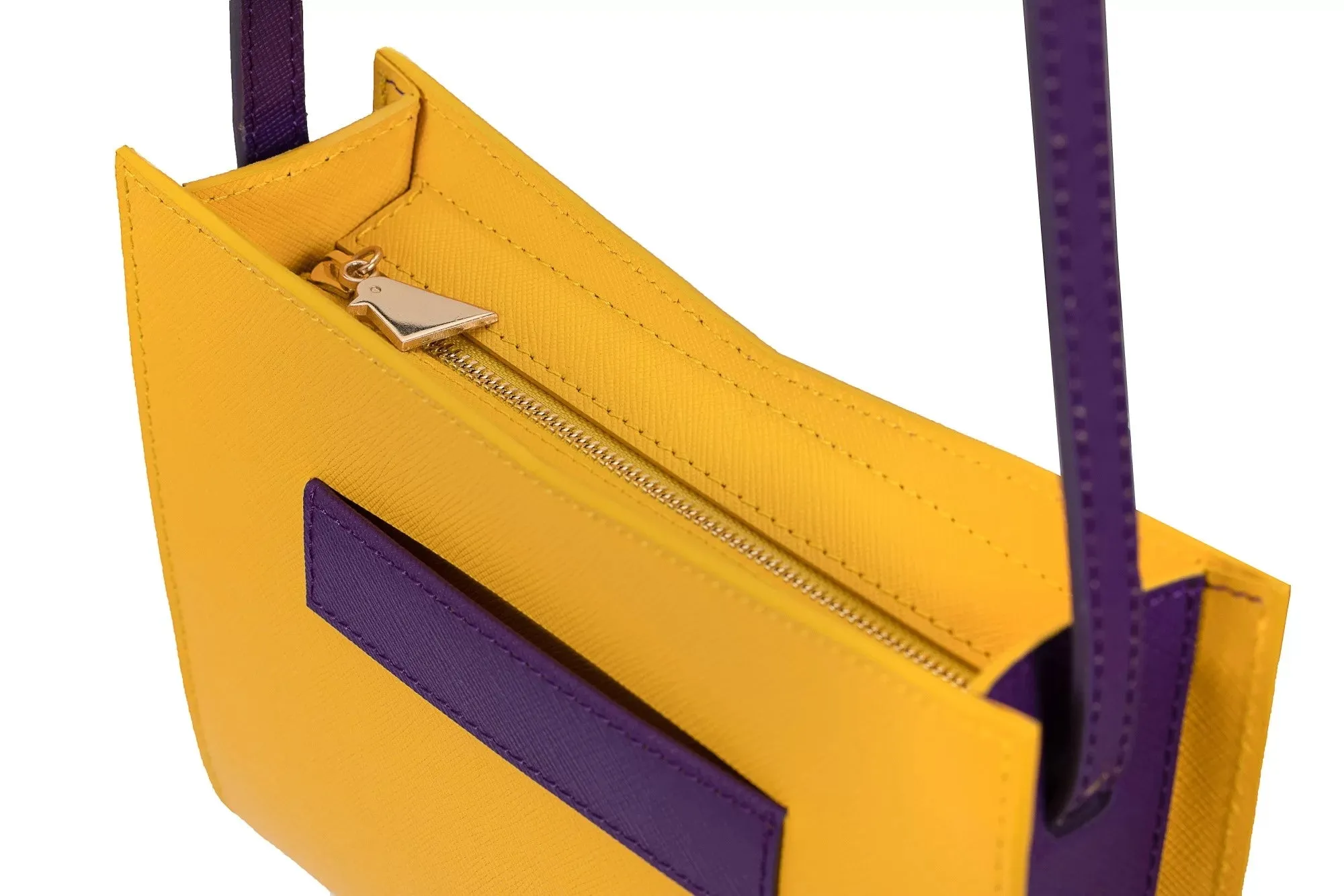 Barb Yellow Purple Dual Color Leather Hand Bag with Removable Shoulder Handle