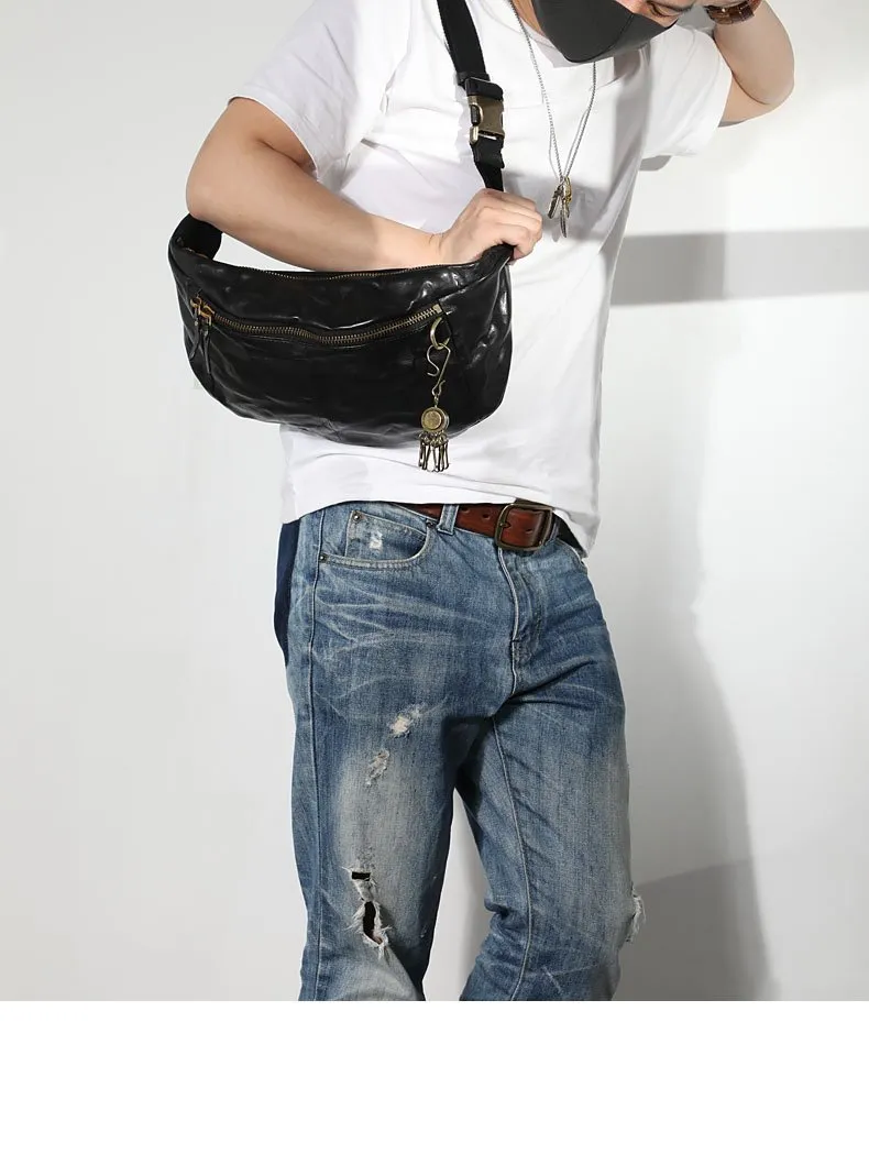 Black Cool Leather Men Fanny Pack Waist Bag Hip Pack Chest Bag Belt Bag Bumbag for Men