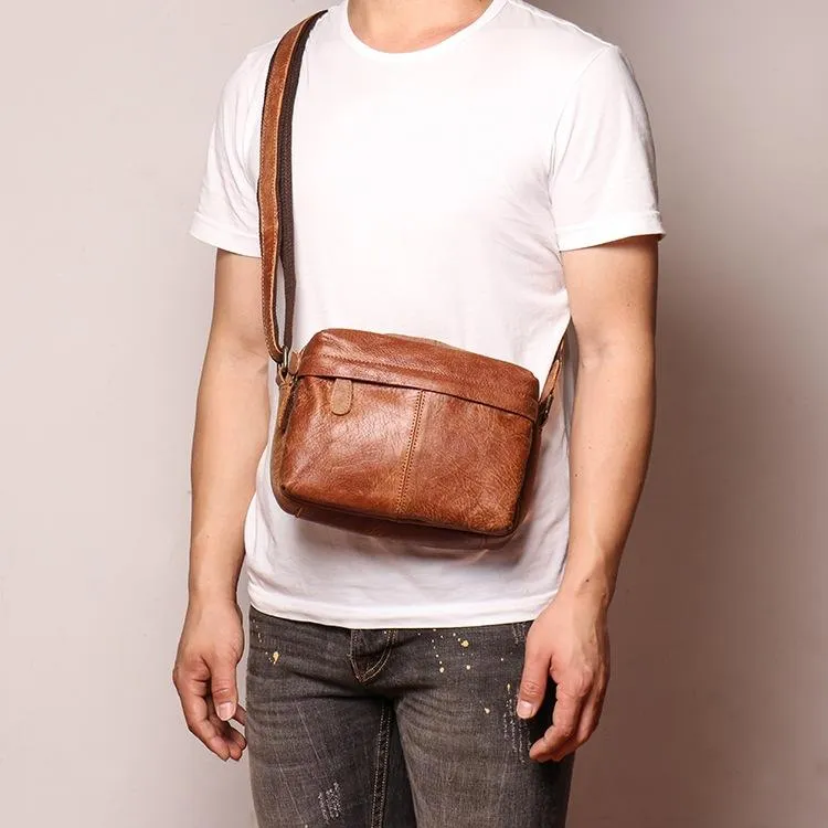 Black Leather Small Zipper Messenger Bag Courier Bag Brown Postman Bag For Men