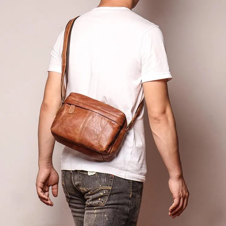 Black Leather Small Zipper Messenger Bag Courier Bag Brown Postman Bag For Men