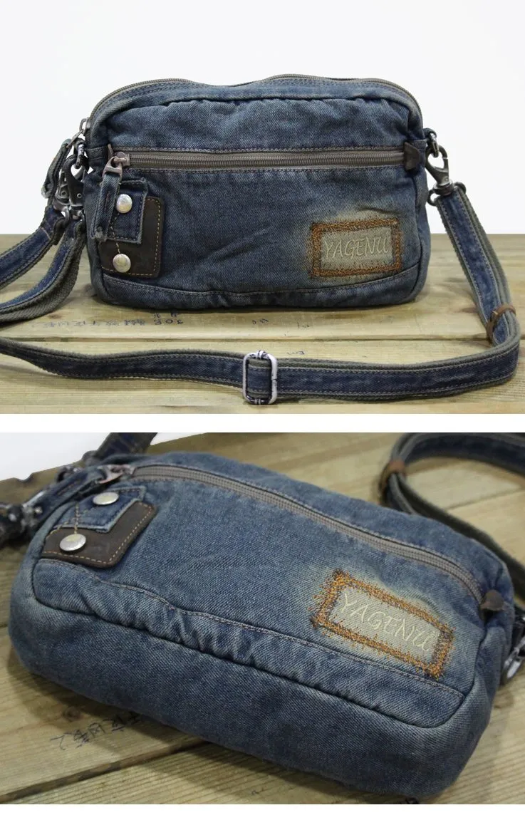 Blue Denim Mens Casual Side Bag Small Messenger Bag Jean Postman Bag Courier Bag For Men