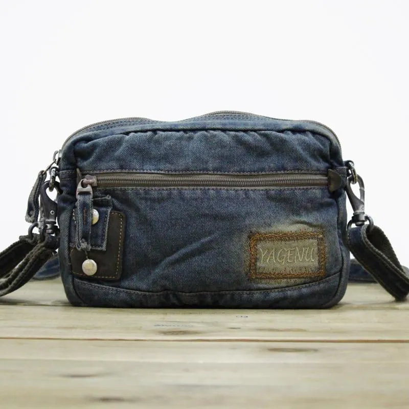 Blue Denim Mens Casual Side Bag Small Messenger Bag Jean Postman Bag Courier Bag For Men