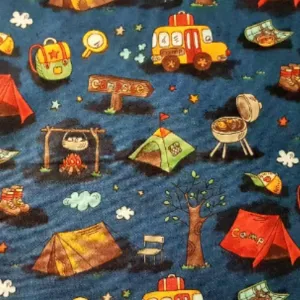 Camping Fabric Campsite with Tents on Navy Background