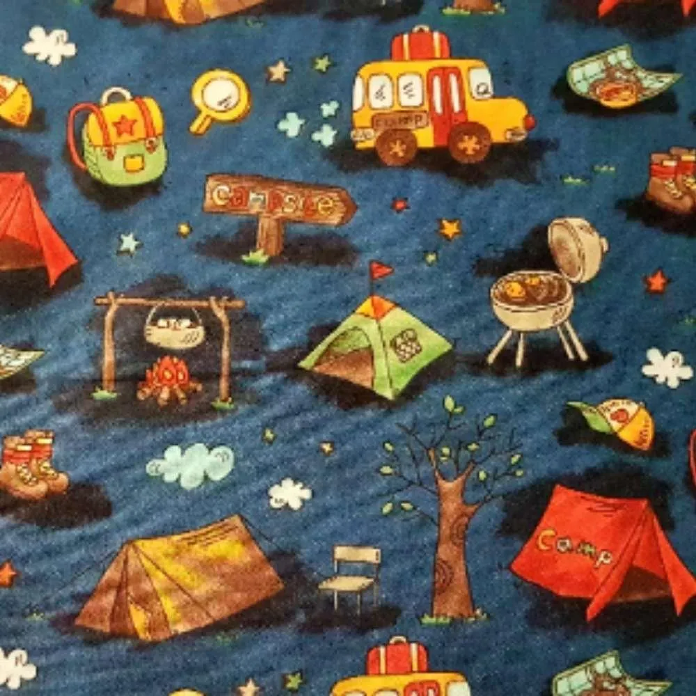 Camping Fabric Campsite with Tents on Navy Background