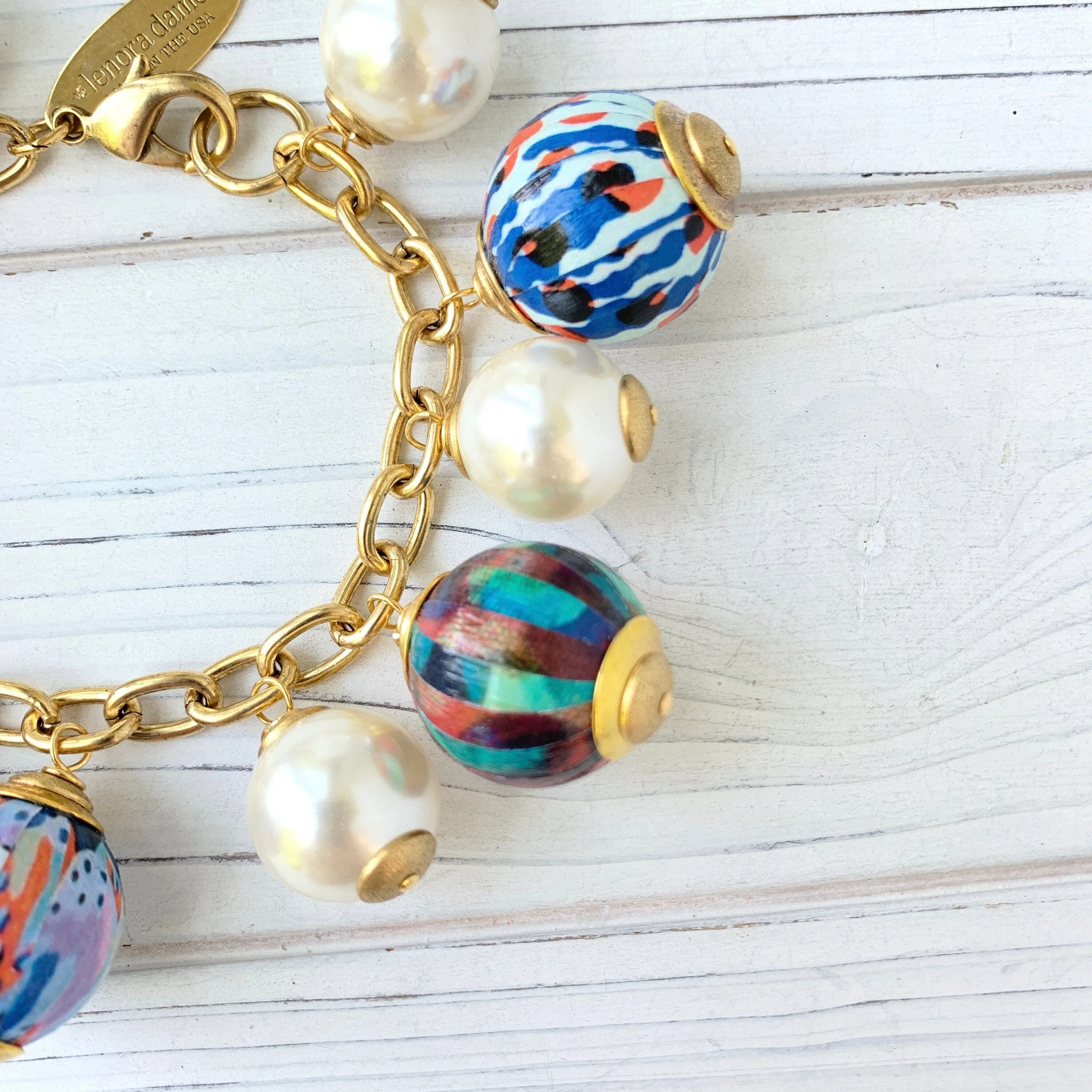 Decoupage Wooden Bead Charm Bracelet