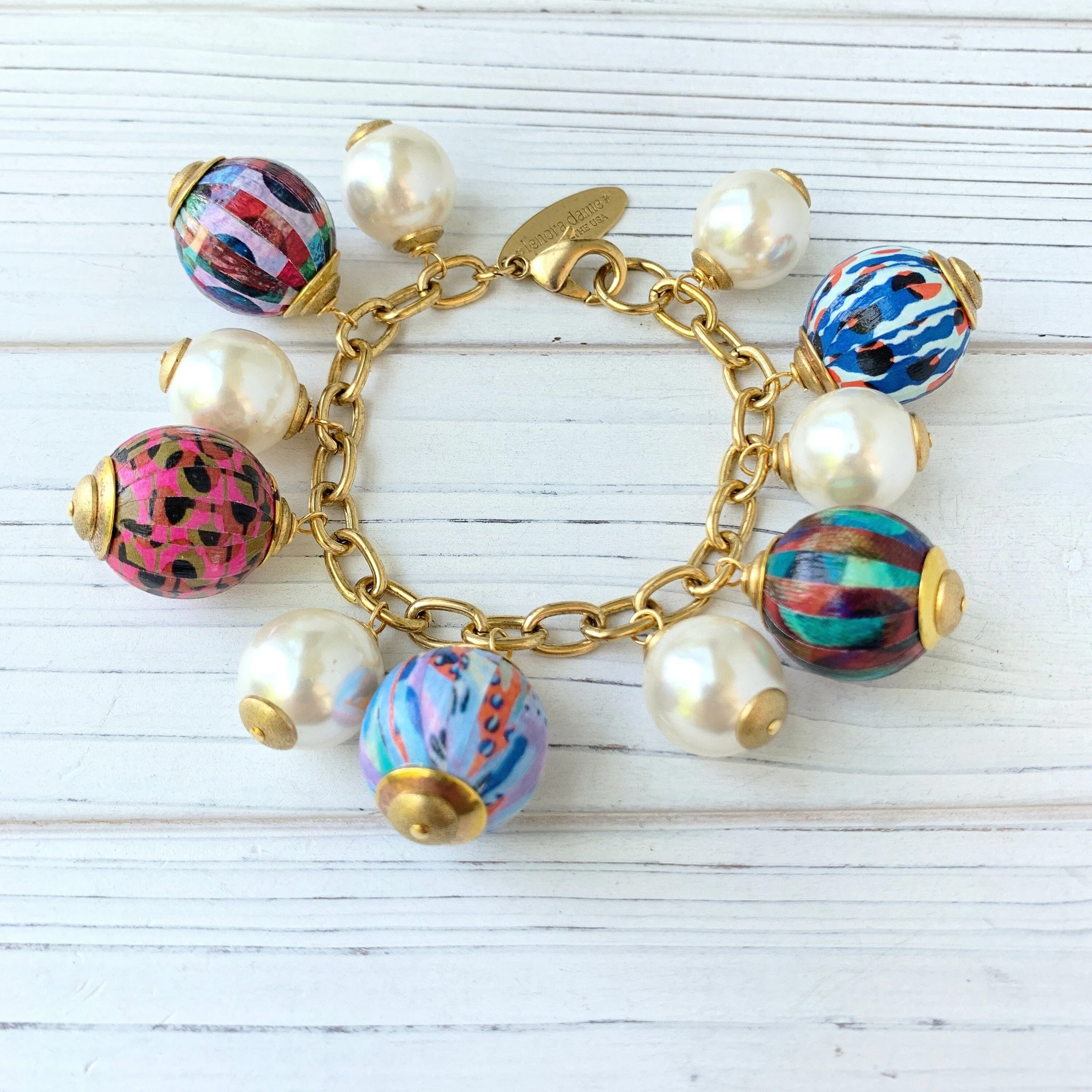 Decoupage Wooden Bead Charm Bracelet