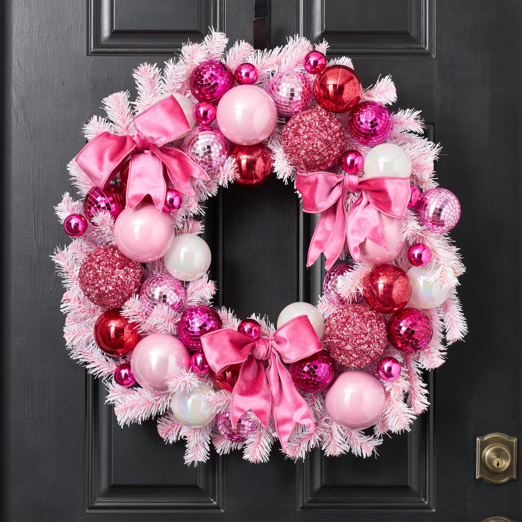 Dreaming of a Pink Christmas - Mixed Pink Disco Ball & Bubble Gum Pink Ornament with Velvet Bow on Candy Cane Stripe Base Christmas Front Door Wreath