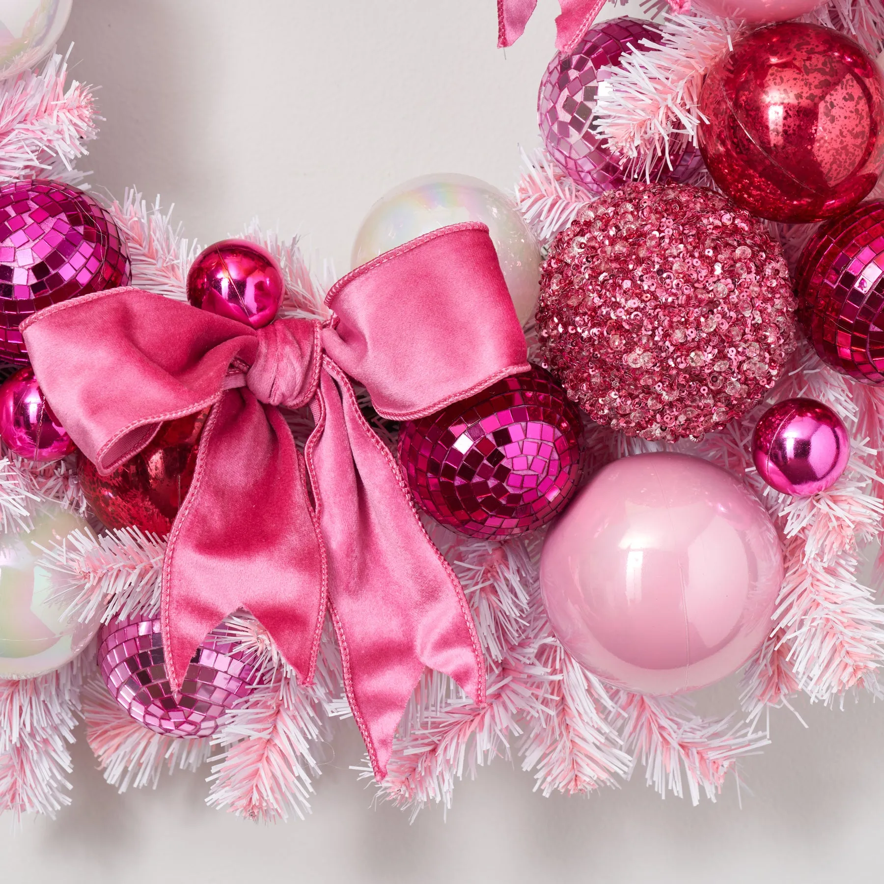 Dreaming of a Pink Christmas - Mixed Pink Disco Ball & Bubble Gum Pink Ornament with Velvet Bow on Candy Cane Stripe Base Christmas Front Door Wreath