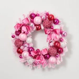 Dreaming of a Pink Christmas - Mixed Pink Disco Ball & Bubble Gum Pink Ornament with Velvet Bow on Candy Cane Stripe Base Christmas Front Door Wreath