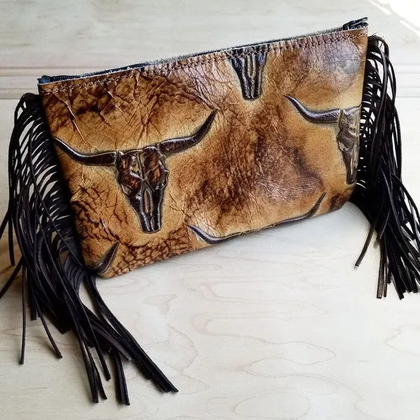 Embossed Tan Steer head Leather Clutch Handbag