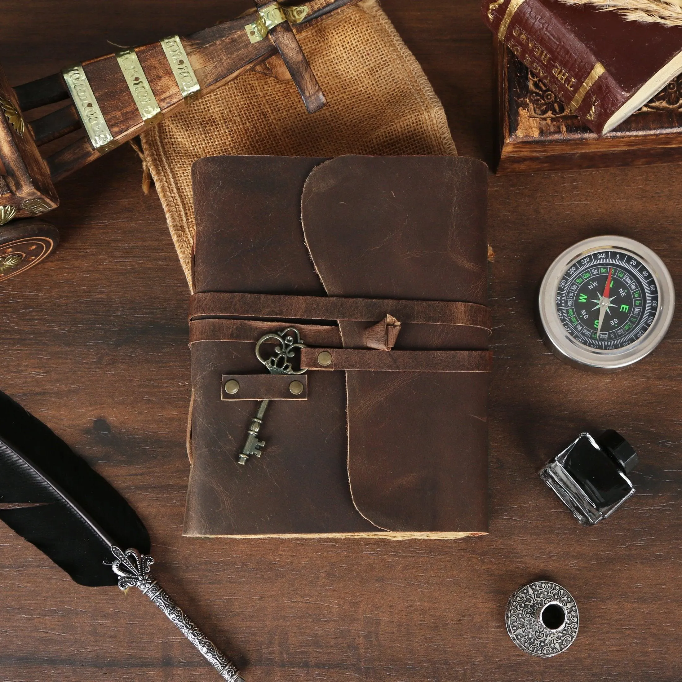 Leather Journal with lined Deckle Edge Paper 7x5 inch and Vintage Key/ Handmade Writing Notebook Diary/ Bound Daily Notepad for Men & Women Medium, Sketch/Writing pad, Gift for Artists (Vintage Brown)