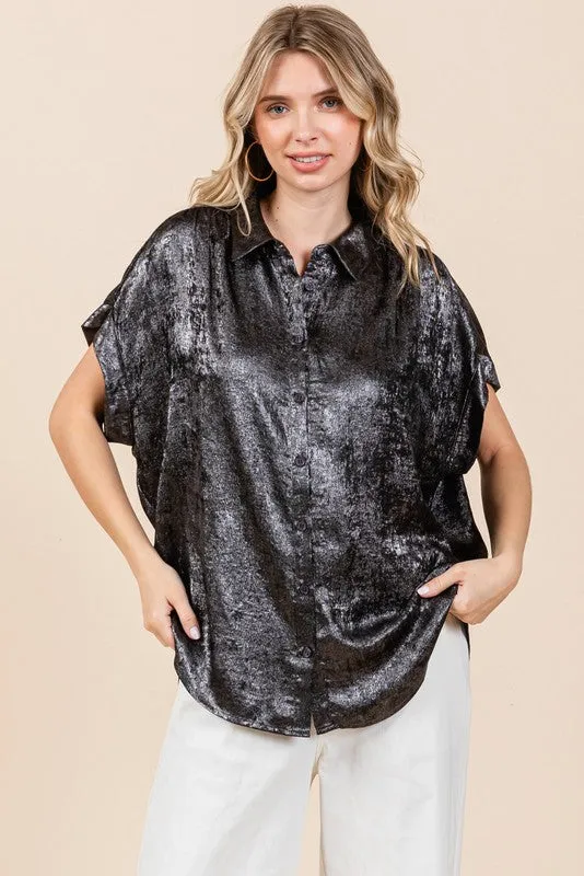 Metallic Collared Button Up Top