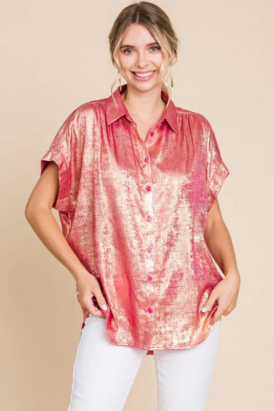 Metallic Collared Button Up Top