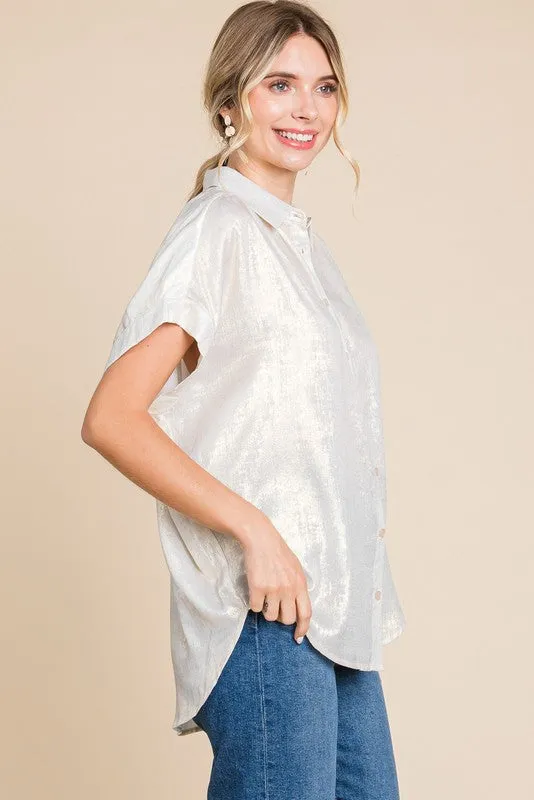 Metallic Collared Button Up Top