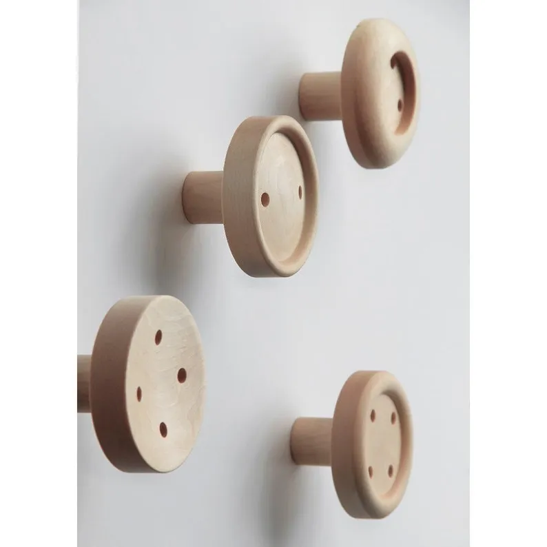 Natural Wooden Fabric Buttons Wall Hook, Set of 3