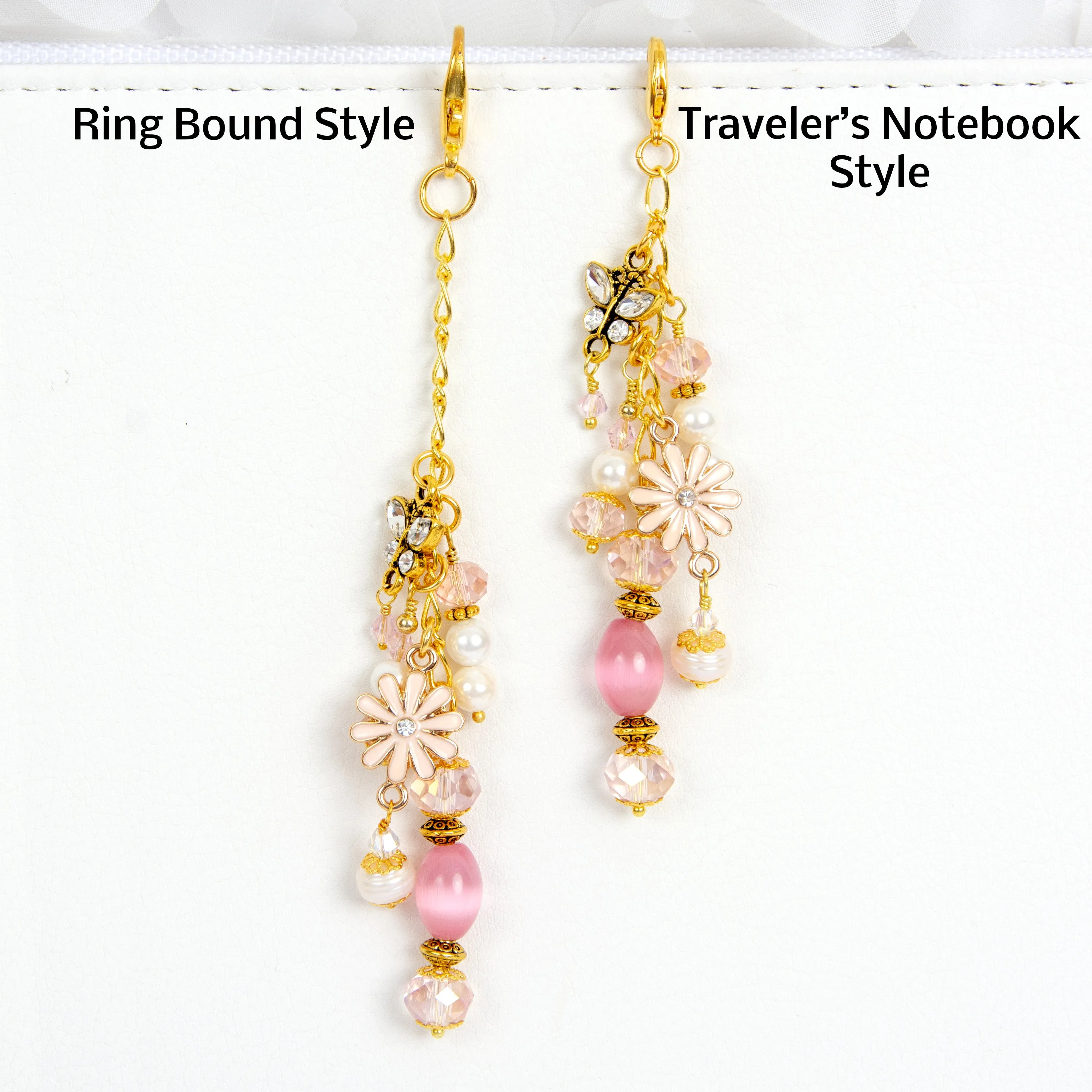 Pink and Gold Planner Charm with Rhinestone Butterfly and Enamel Flower