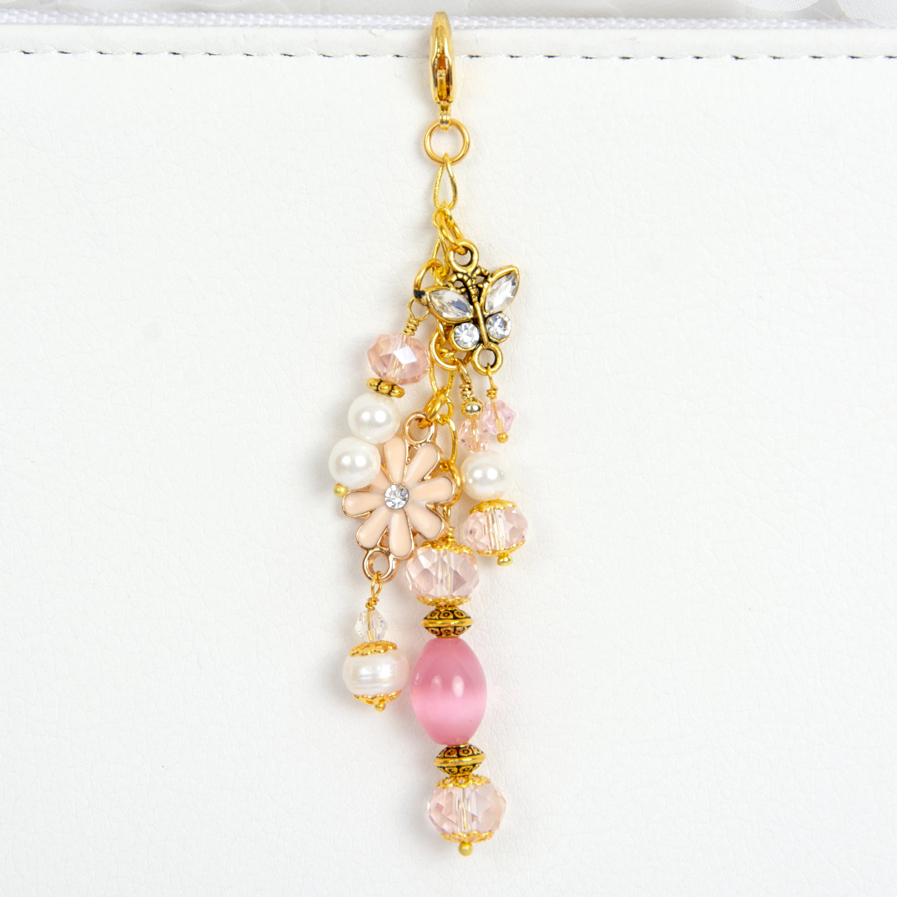 Pink and Gold Planner Charm with Rhinestone Butterfly and Enamel Flower