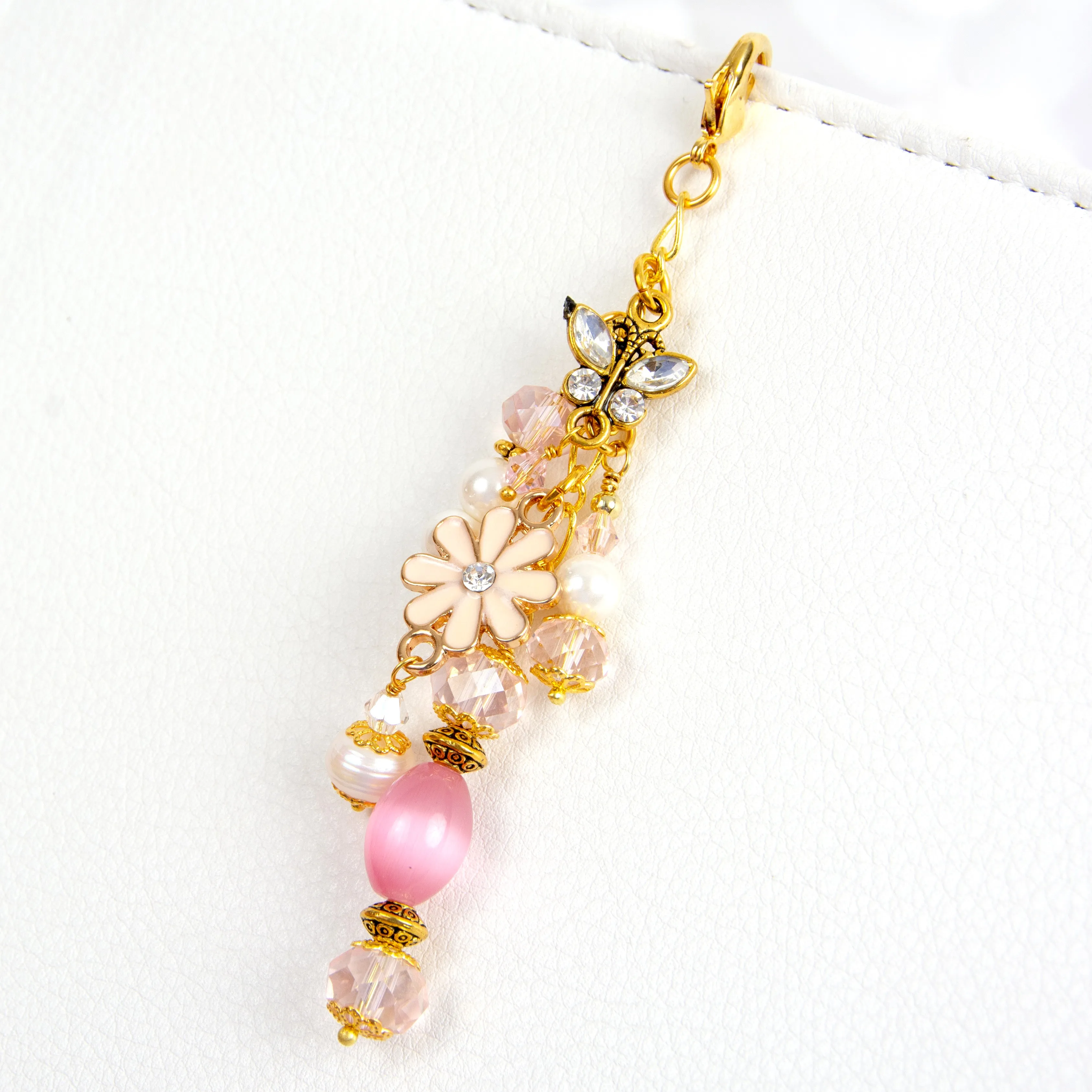 Pink and Gold Planner Charm with Rhinestone Butterfly and Enamel Flower