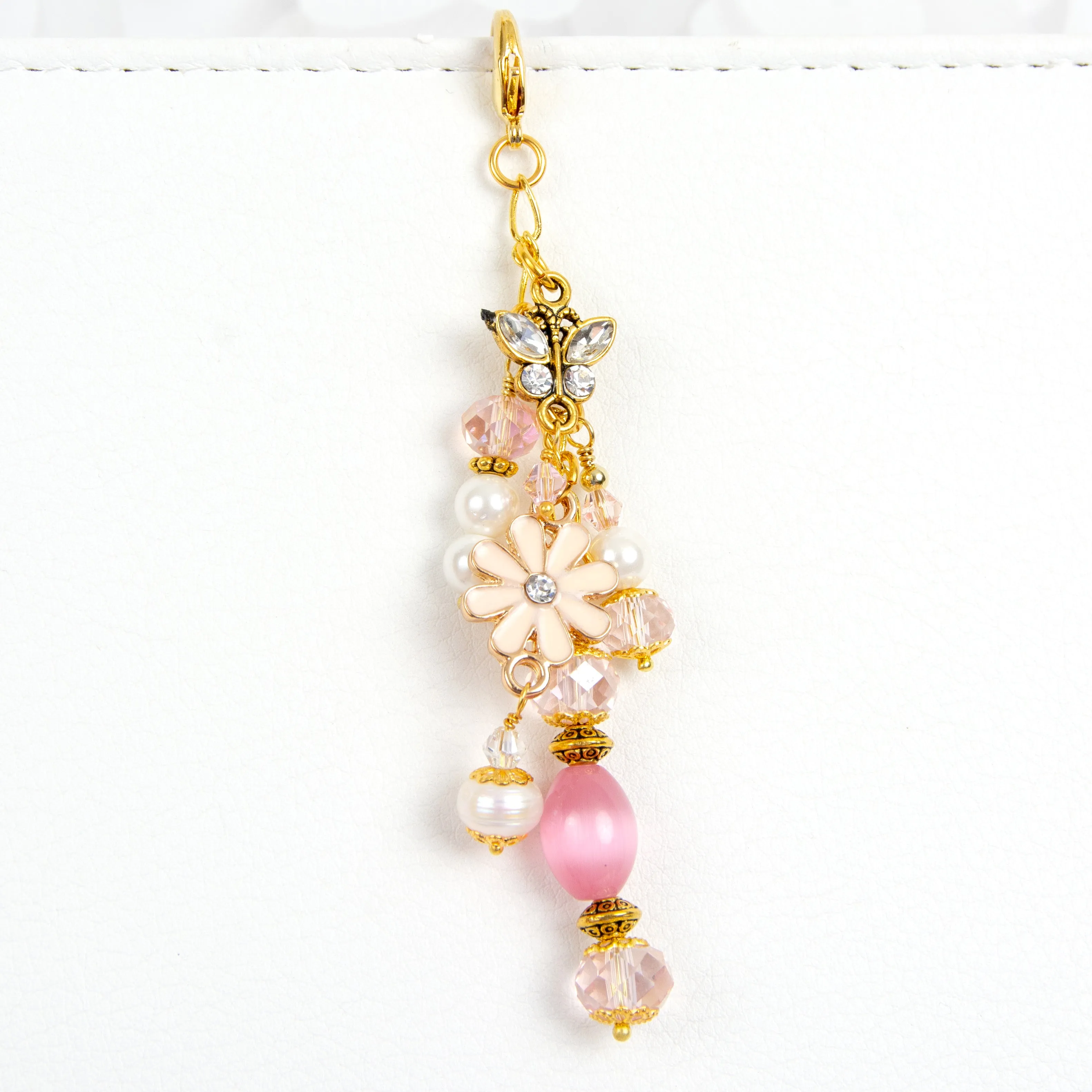 Pink and Gold Planner Charm with Rhinestone Butterfly and Enamel Flower