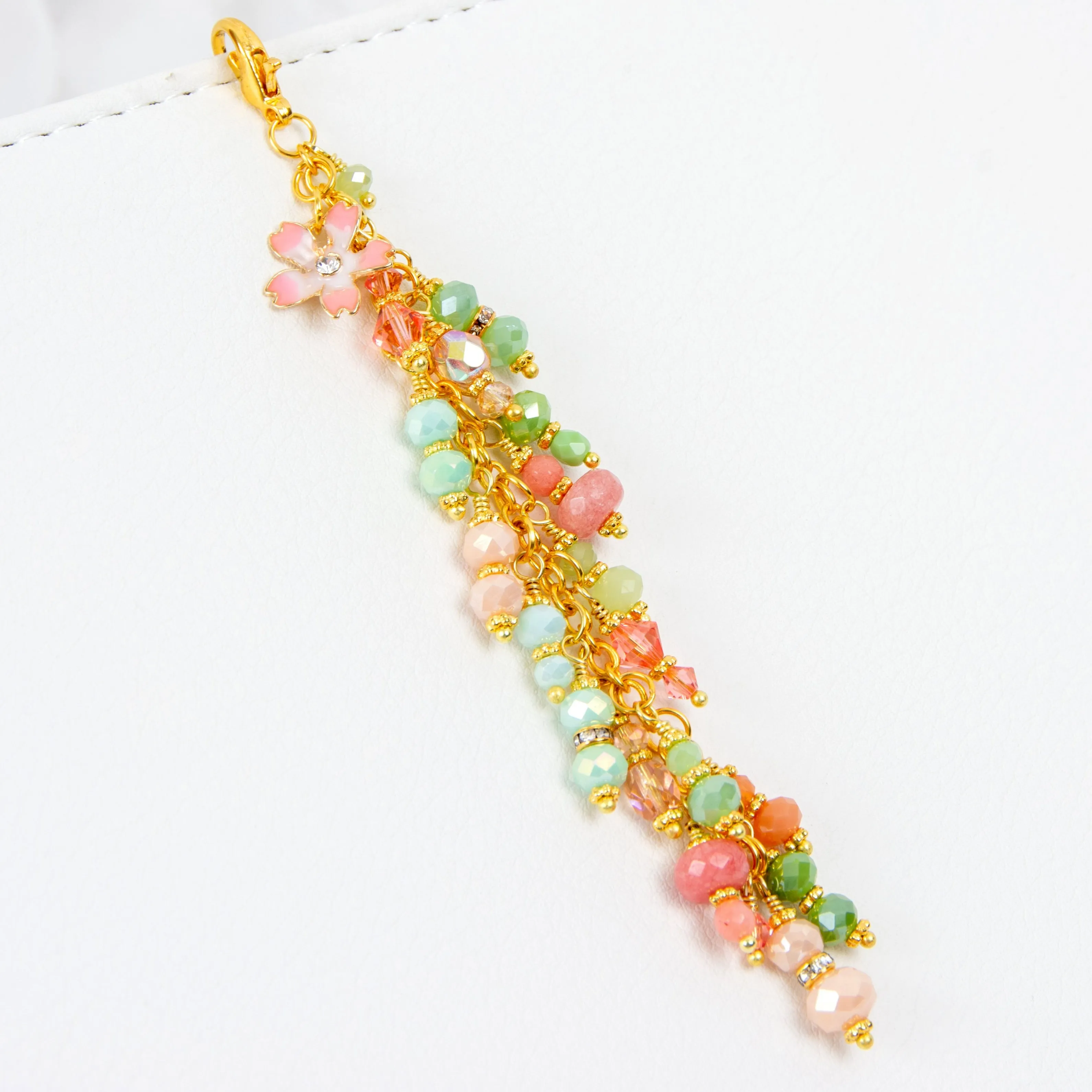 Pink Blossom Planner Charm with Peach and Green Crystal Dangle - Gold