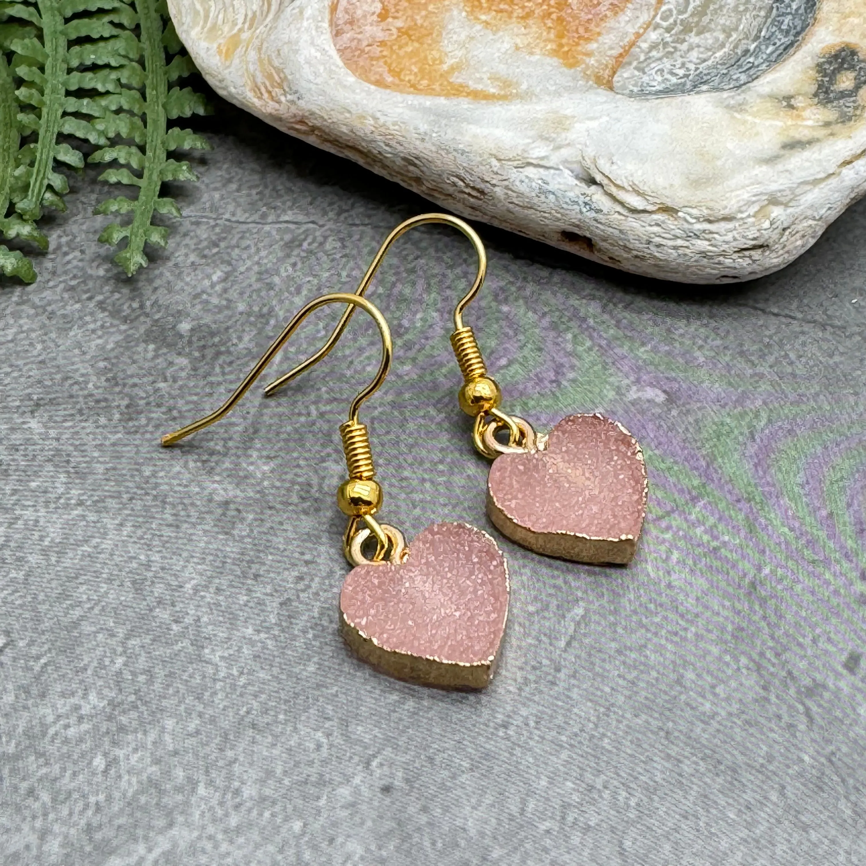 Pink Druzy Heart Resin Charm Earrings