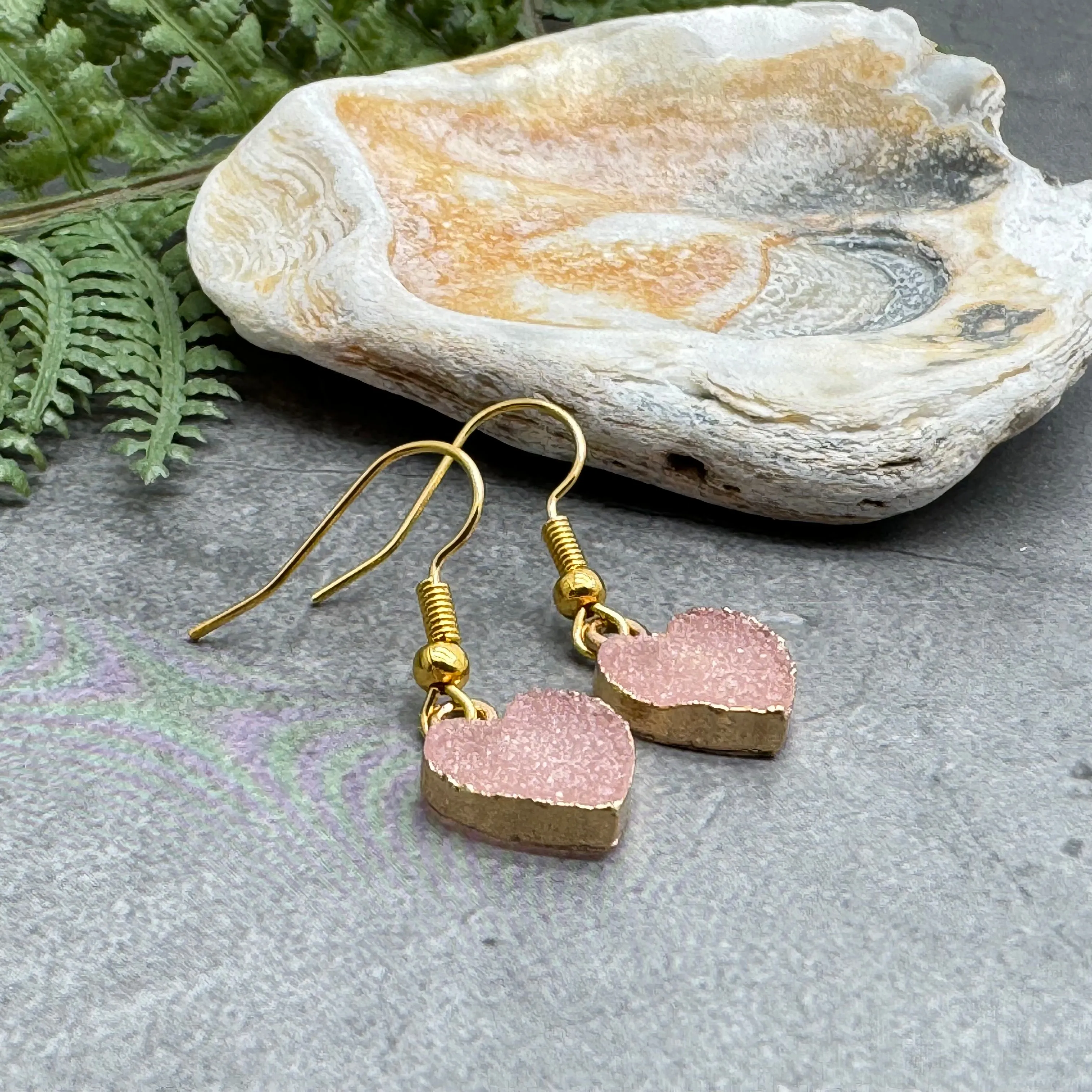 Pink Druzy Heart Resin Charm Earrings