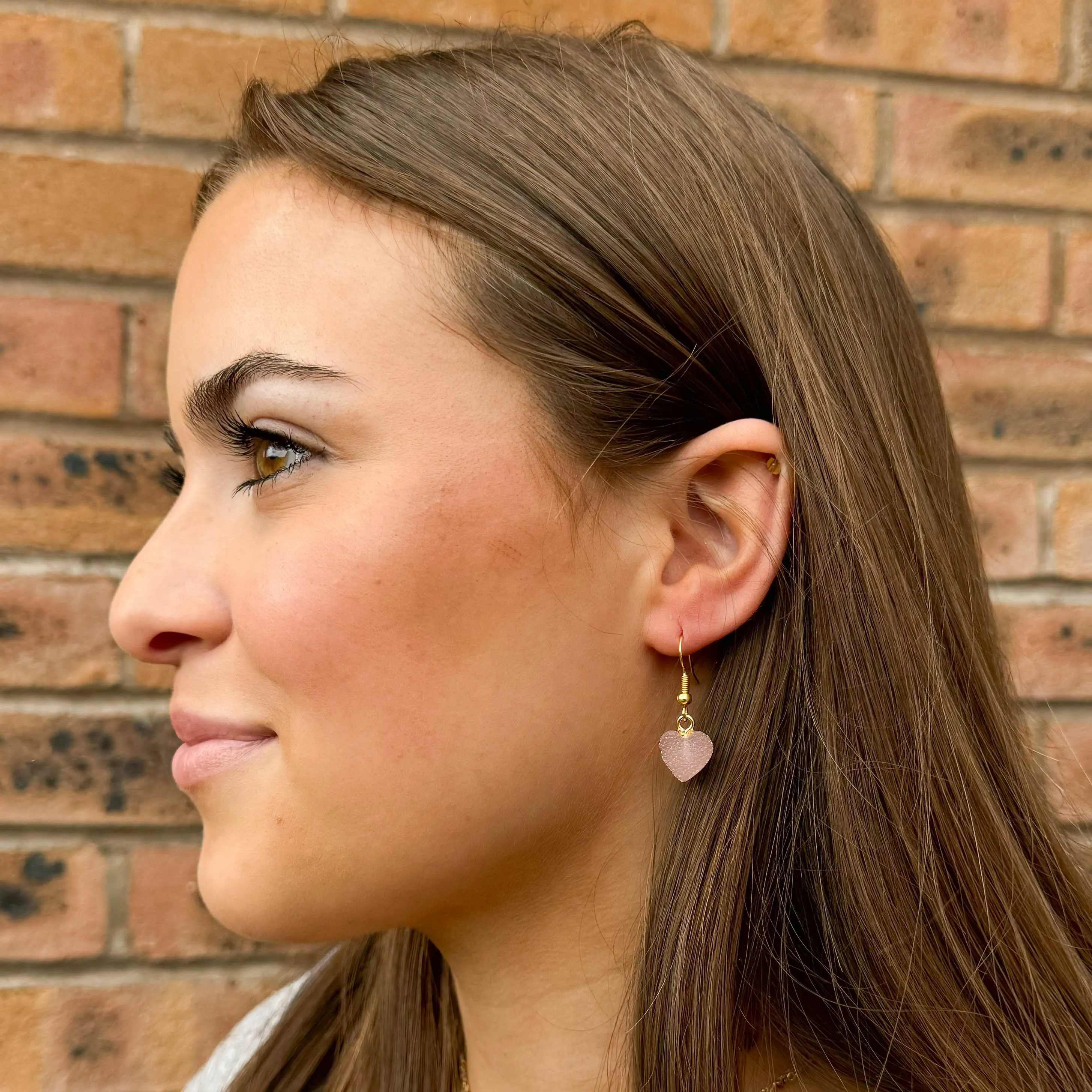 Pink Druzy Heart Resin Charm Earrings