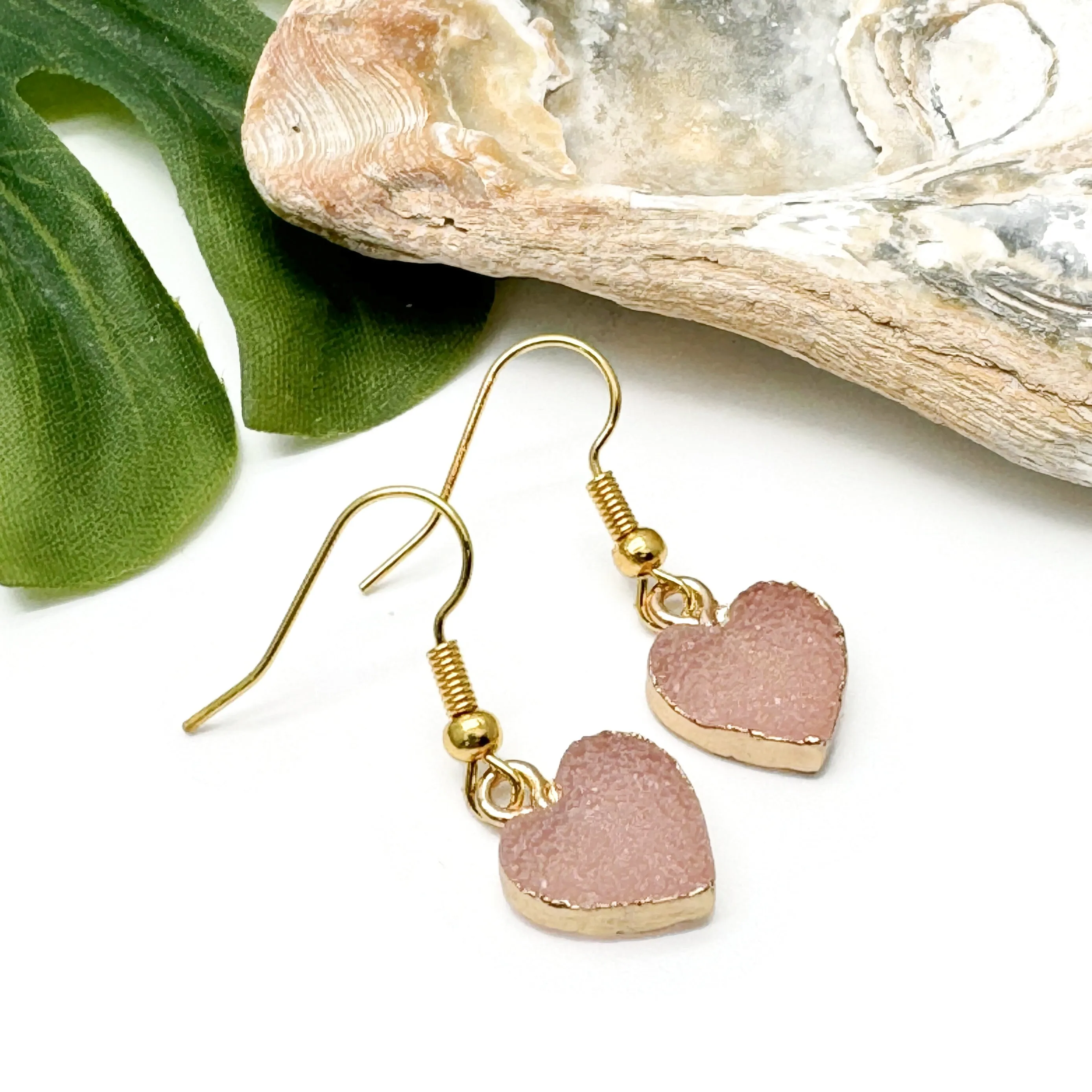 Pink Druzy Heart Resin Charm Earrings