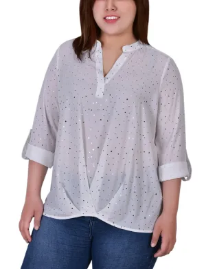 Plus Size 3/4 Sleeve Metallic Dot Blouse